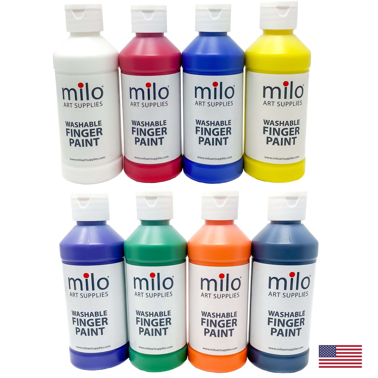 milo Kid's Washable Finger Paint Set of 8 Colors | 8 oz Bottles | Safe and Non-Toxic | Made in the USA | Art & Craft Paints for Kids, Toddlers, Pre School Supplies Painting Set for Children | Easy Pour and Squeeze Bottles